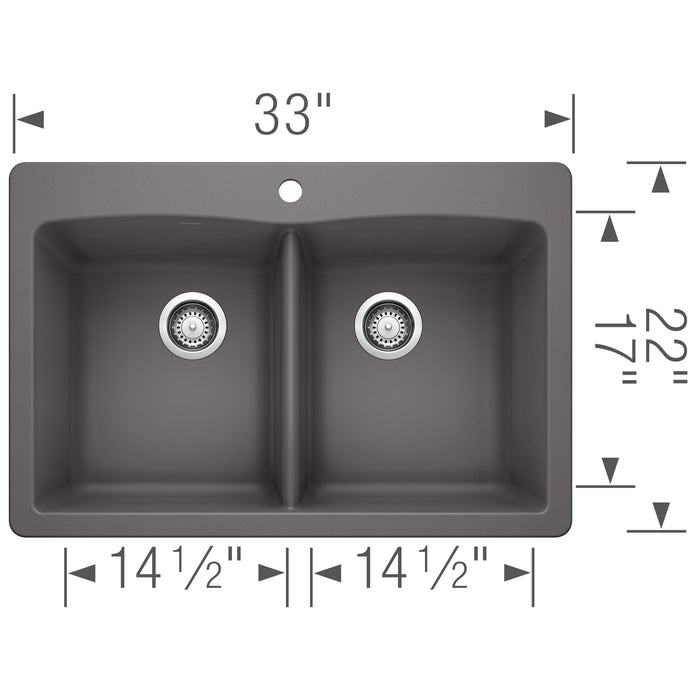 Blanco 441466 Diamond SILGRANIT 33" 50/50 Double Bowl Dual Mount Kitchen Sink - Cinder