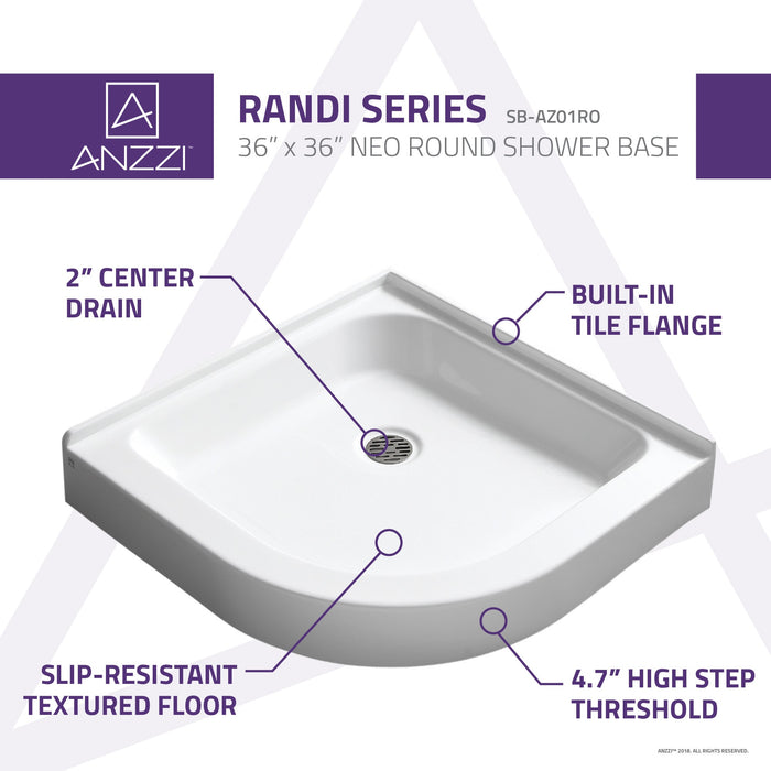 ANZZI SB-AZ01RO Randi 36 x 36" Neo-Round Double Threshold Shower Base in White