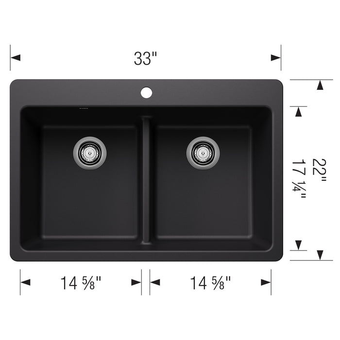 Blanco 443202 Liven SILGRANIT 33" 50/50 Double Bowl Dual Mount Kitchen Sink in Coal Black