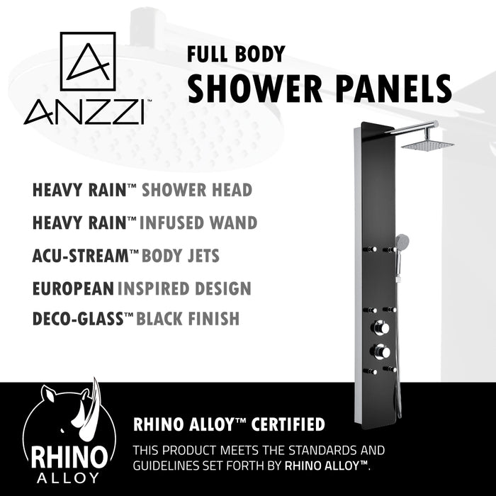 ANZZI SP-AZ018 Melody 59" 6-Jetted Shower Panel with Heavy Rain Shower and Spray Wand in Black Deco-Glass