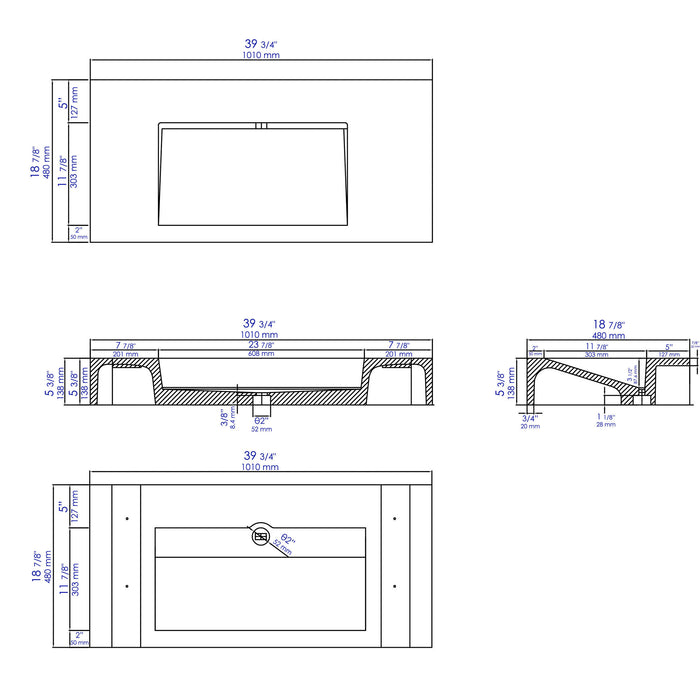 ALFI Brand ABCO40R 40" Solid Concrete Rectangular Countertop Sink