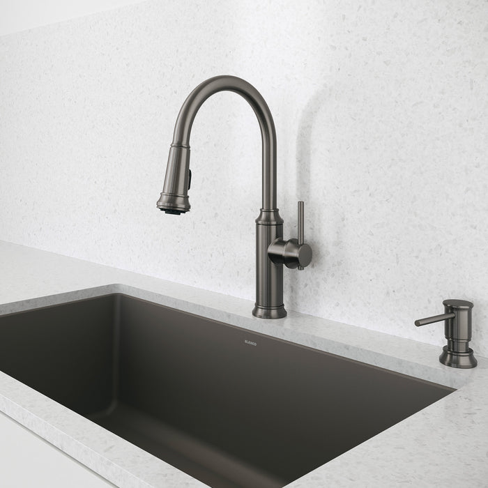 Blanco 443262 Empressa High Arc Pull-Down Dual-Spray Kitchen Faucet - Satin Dark Steel