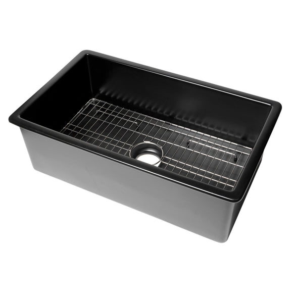 ALFI brand ABF3219SUD-BM Black Matte 32" x 19" Fireclay Single Bowl Undermount / Drop In Kitchen Sink w Grid