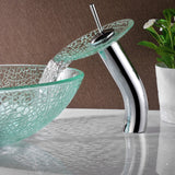 ANZZI LS-AZ8112 Paeva Series Deco-Glass Vessel Sink in Crystal Clear Chipasi with Chrome Waterfall Faucet