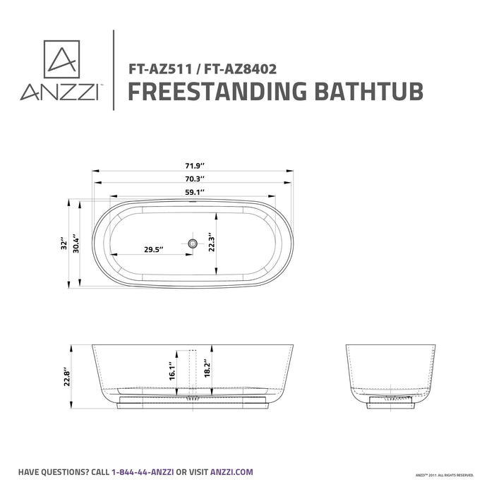 ANZZI FT-AZ511 Sabbia 5.9 ft. Solid Surface Center Drain Freestanding Bathtub in Matte White