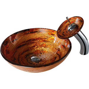 Stanza Series Vessel Sink in Brown with Pop-Up Drain and Matching Faucet in Lustrous Brown