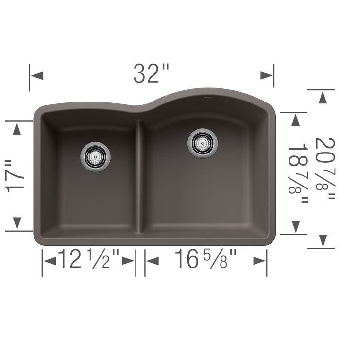 Blanco 443103 Diamond SILGRANIT 32" 40/60 Reverse Double Bowl Undermount Kitchen Sink in Volcano Gray