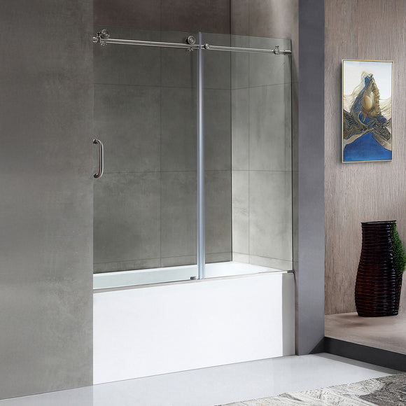 Anzzi 5 ft. Acrylic Right Drain Rectangle Tub in White With 60 in. x 62 in. Frameless Sliding Tub Door in Brushed Nickel