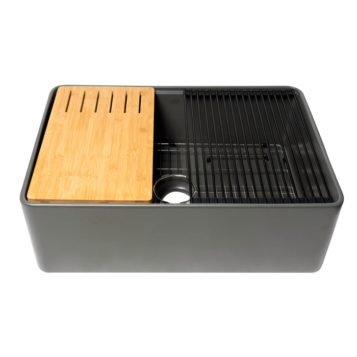 ALFI Brand ABFS3020-GM Grey Matte Workstation 30" x 20" Single Bowl Step Rim Fireclay Farm Sink