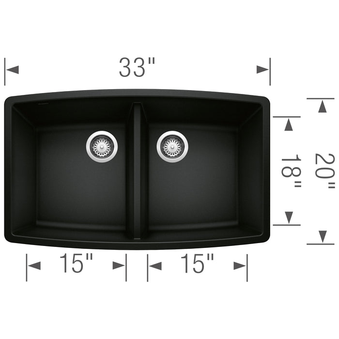 Blanco 442937 Performa SILGRANIT 33" 50/50 Double Bowl Undermount Kitchen Sink - Coal Black
