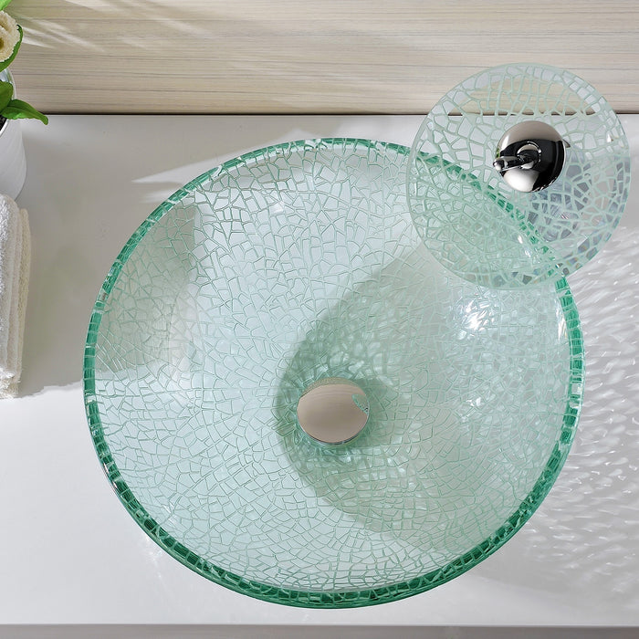 ANZZI LS-AZ8112 Paeva Series Deco-Glass Vessel Sink in Crystal Clear Chipasi with Chrome Waterfall Faucet