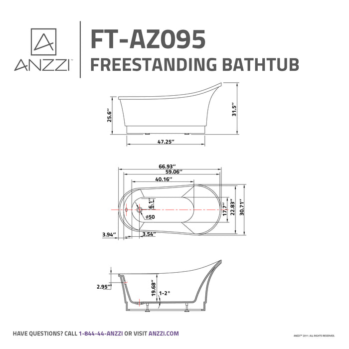 ANZZI FT-AZ095 Prima 67" Acrylic Flatbottom Non-Whirlpool Bathtub in White