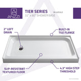 ANZZI SB-AZ03LD Tier 32 x 60" Left Drain Single Threshold Shower Base in White