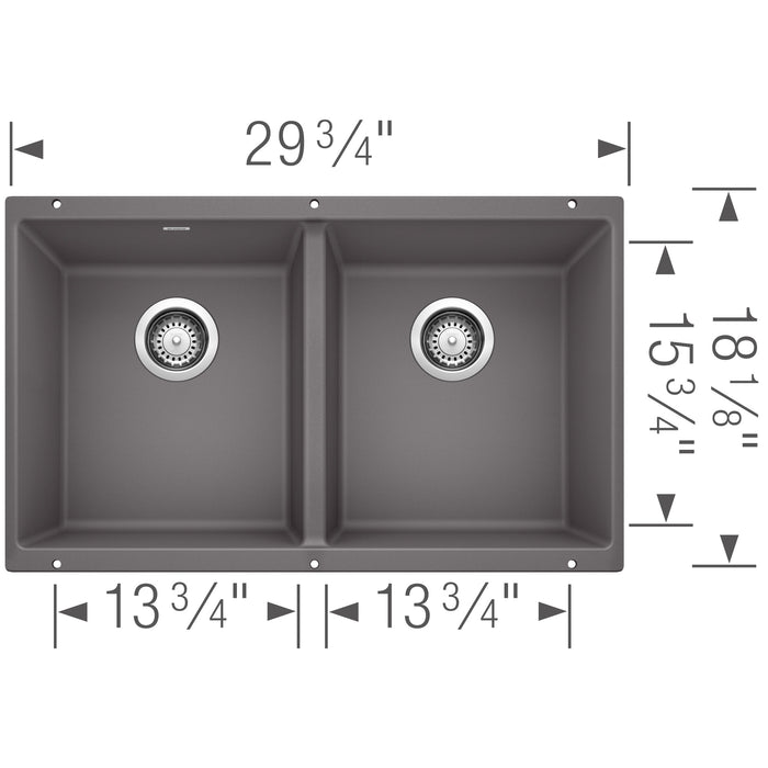 Blanco 519050 Precis SILGRANIT 29" 50/50 Double Bowl Undermount Kitchen Sink - Cinder