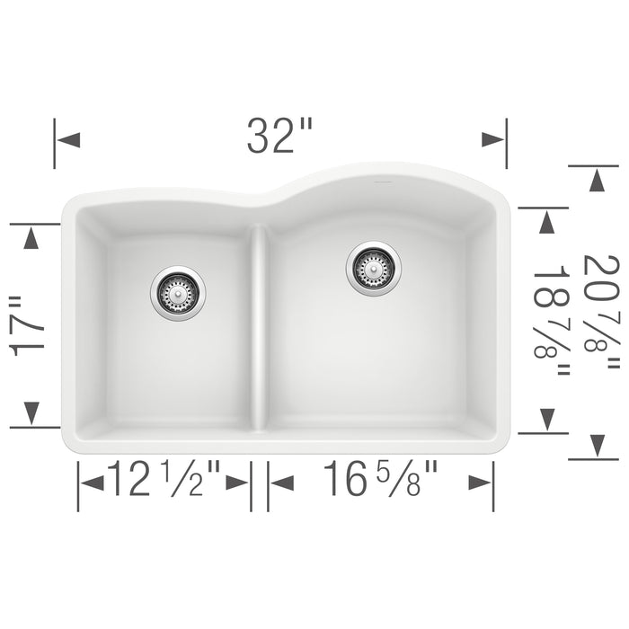 Blanco 441603 Diamond SILGRANIT 32" 40/60 Reverse Double Bowl Undermount Kitchen Sink in White