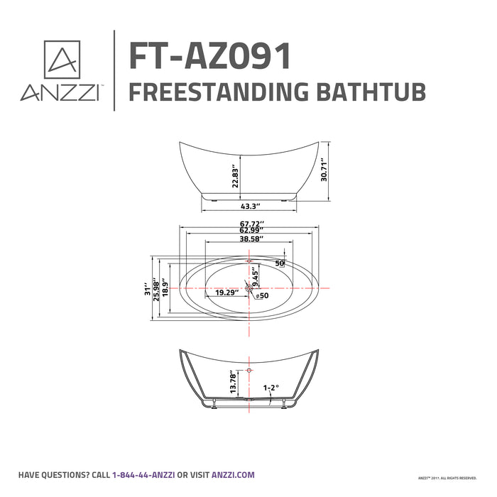 ANZZI FT-AZ091 Reginald Series 5.67 ft. Freestanding Bathtub in White