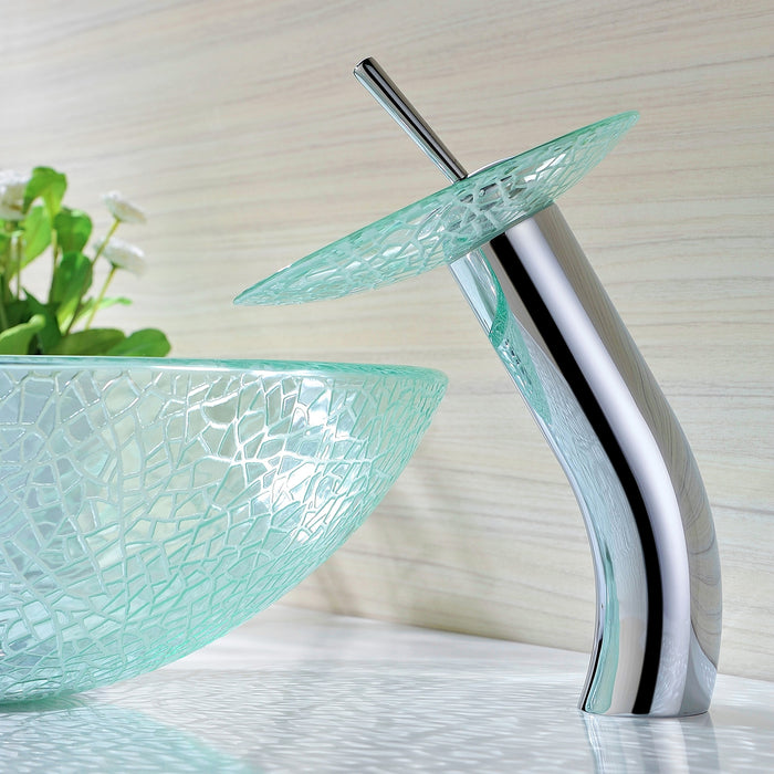 ANZZI LS-AZ8112 Paeva Series Deco-Glass Vessel Sink in Crystal Clear Chipasi with Chrome Waterfall Faucet