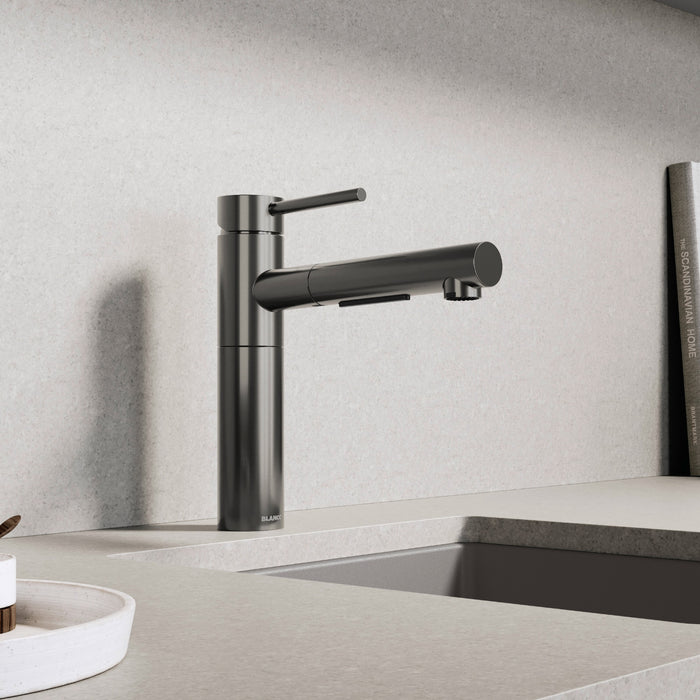 Blanco 527562 Alta II Low Arc Pull-Out Dual-Spray Kitchen Faucet - Satin Dark Steel