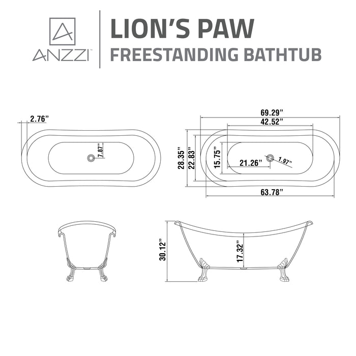 ANZZI FT-CF130LXFT-CH 69.29" Belissima Double Slipper Acrylic Claw Foot Tub in White
