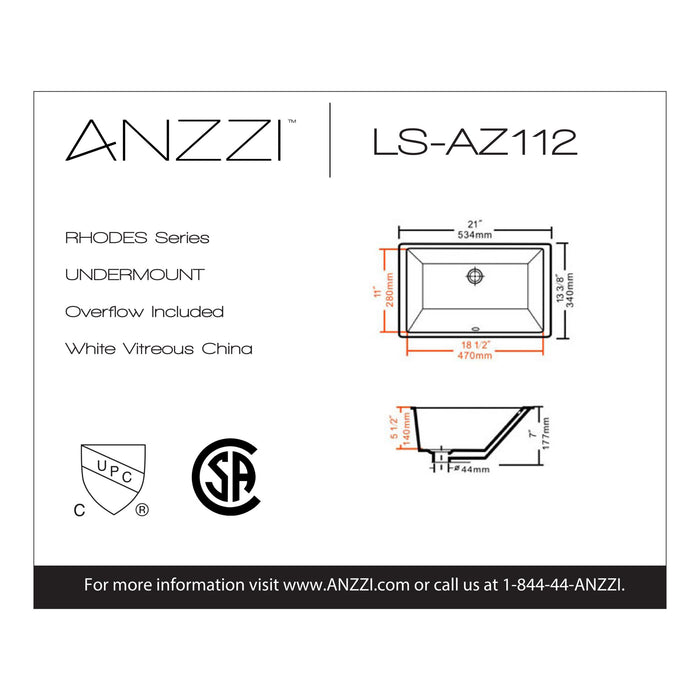 ANZZI LS-AZ112 Rhodes Series 21" Ceramic Undermount Sink Basin in White
