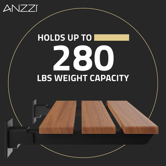 ANZZI AC-AZ202MB Bohemian 18.7" Teak Wall Mounted Folding Shower Seat in Matte Black