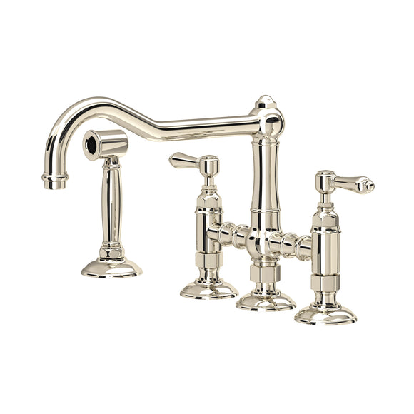 House of Rohl A1458LMWSPN-2 Acqui Deck Mount Column Spout 3 Leg Bridge Kitchen Faucet with Sidespray