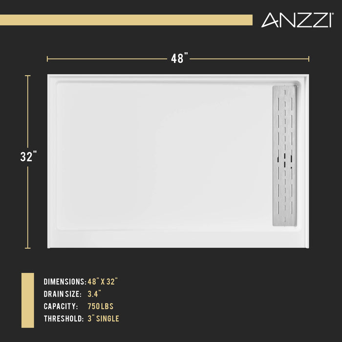 ANZZI SB-AZ103R ALEXANDER 48" x 32" Right Drain Shower Base in White