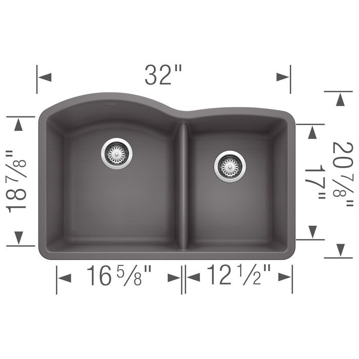 Blanco 441469 Diamond SILGRANIT 32" 60/40 Double Bowl Undermount Kitchen Sink - Cinder