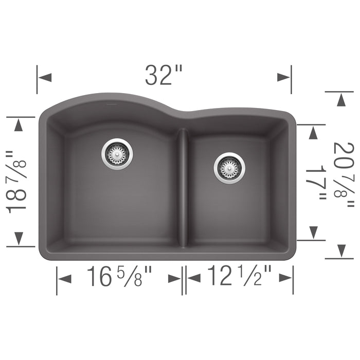 Blanco 441591 Diamond SILGRANIT 32" 60/40 Double Bowl Undermount Kitchen Sink in Cinder