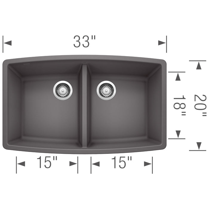 Blanco 441473 Performa SILGRANIT 33" 50/50 Double Bowl Undermount Kitchen Sink - Cinder