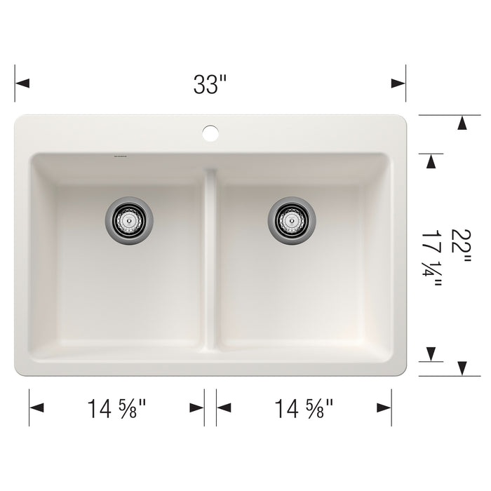 Blanco 443205 Liven SILGRANIT 33" 50/50 Double Bowl Dual Mount Kitchen Sink in White