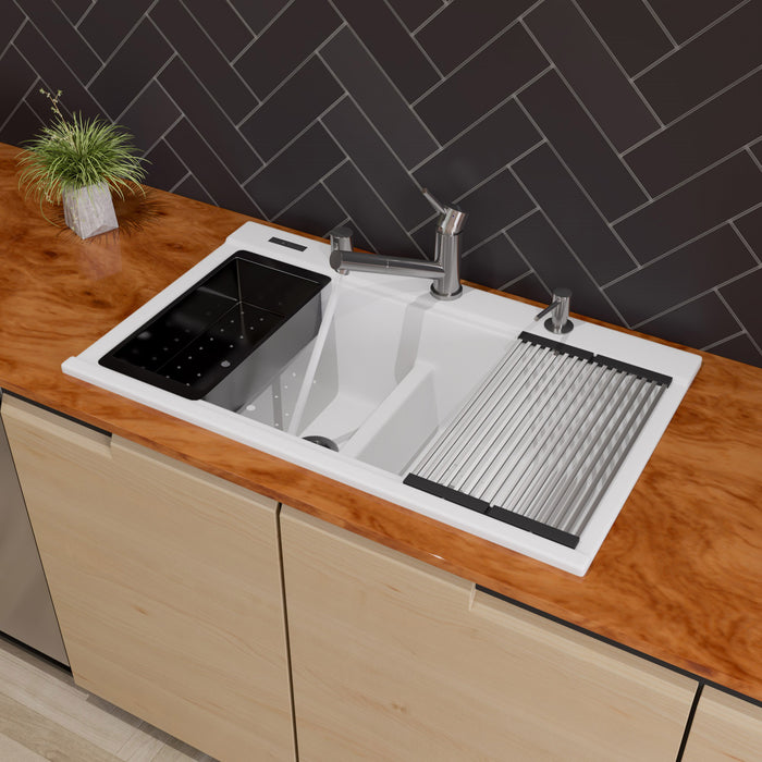 ALFI brand AB3418DBDI-W White 33" Granite Composite Workstation Step Rim Double Bowl Drop In Sink with Accessories