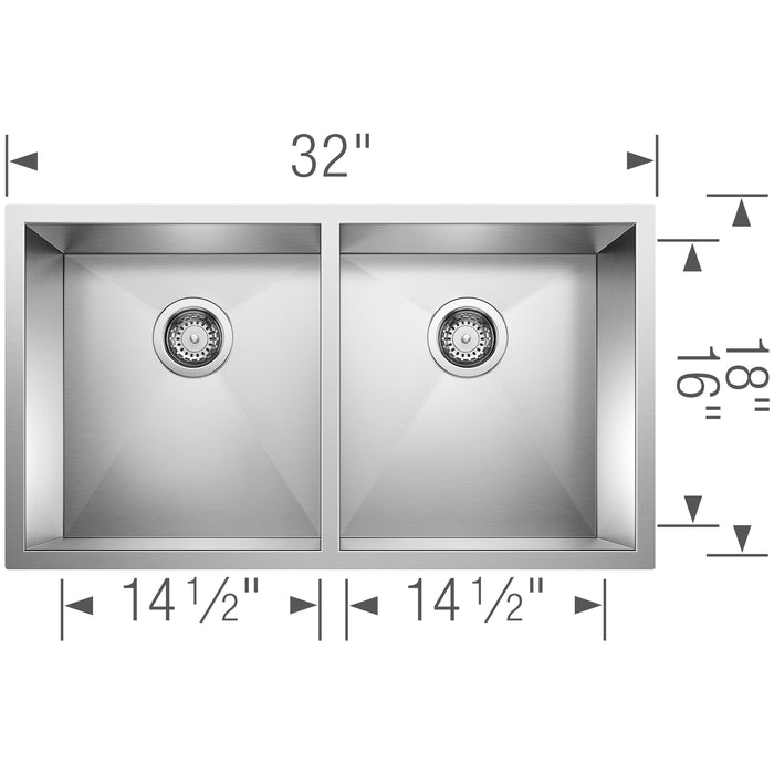 Blanco 516211 Precision R0 28" 50/50 Double Bowl Undermount Stainless Steel Kitchen Sink