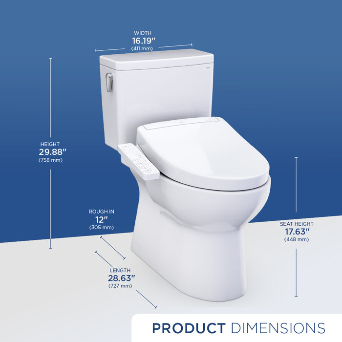 TOTO MW4723346CUFG#01 Glaston WASHLET+ S2 Two-Piece Elongated 1.0 GPF Universal Height Toilet in Cotton White