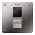 TOTO ECOPOWER touchless 1.28 GPF concealed toilet flushometer valve for back-spud in Stainless Steel finish with 4x4 cover plate.