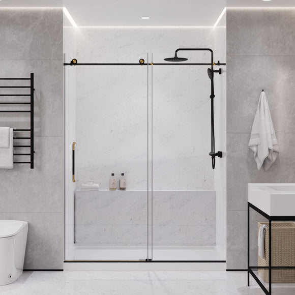 Madam Series 76-in. x 60-in. Frameless Sliding Shower Door in Matte Black and Brushed Gold