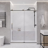 Madam Series 76-in. x 60-in. Frameless Sliding Shower Door in Matte Black and Brushed Gold