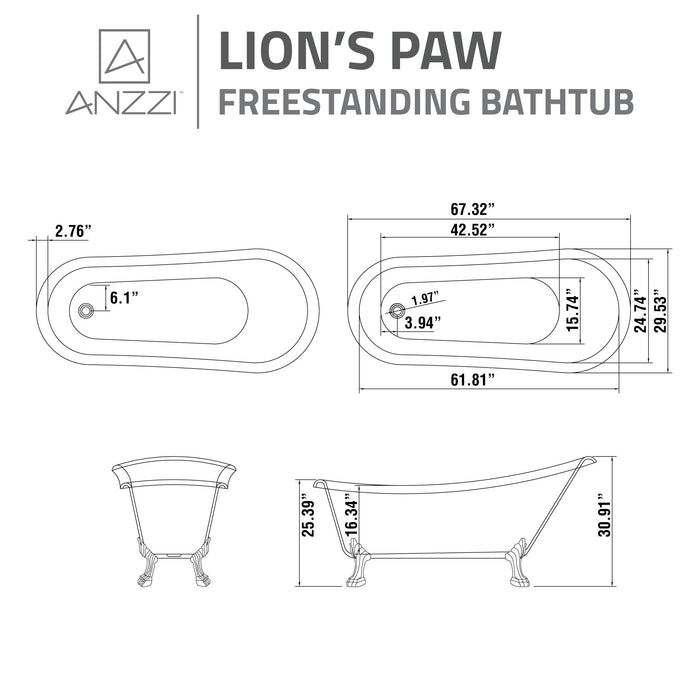 ANZZI FT-CF131LXFT-CH 67.32" Diamante Slipper-Style Acrylic Claw Foot Tub in White