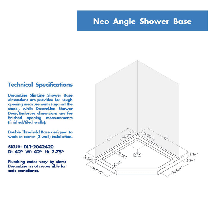 DreamLine DL-6053-01 Prism Lux 42" x 74 3/4" Fully Frameless Neo-Angle Shower Enclosure in Chrome with White Base