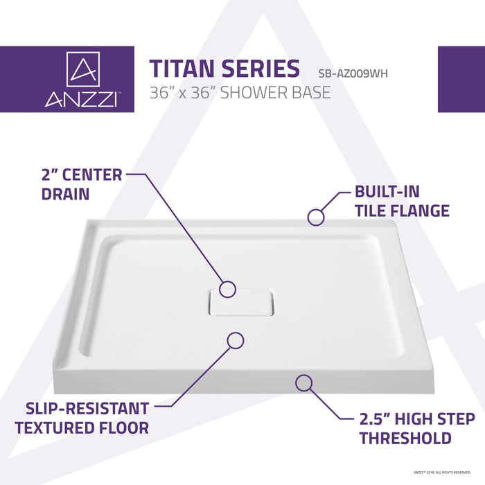 ANZZI SB-AZ009WH Titan Series 36" x 36" Double Threshold Shower Base in White