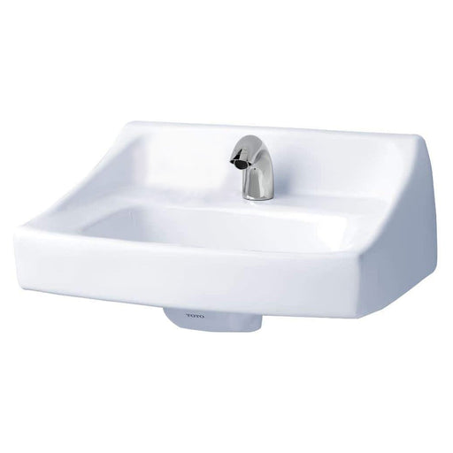 Commercial wall-hung vitreous china lavatory with backsplash, concealed front overflow, and single-hole faucet drilling