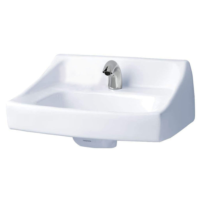Commercial wall-hung vitreous china lavatory with backsplash, concealed front overflow, and single-hole faucet drilling