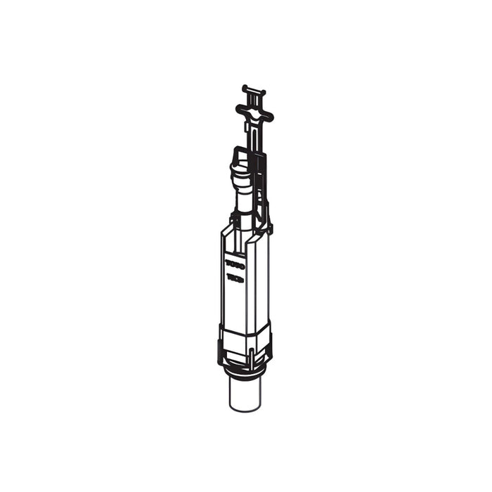 Flush valve assembly with hold down bracket for DuoFit / in-wall tank system.