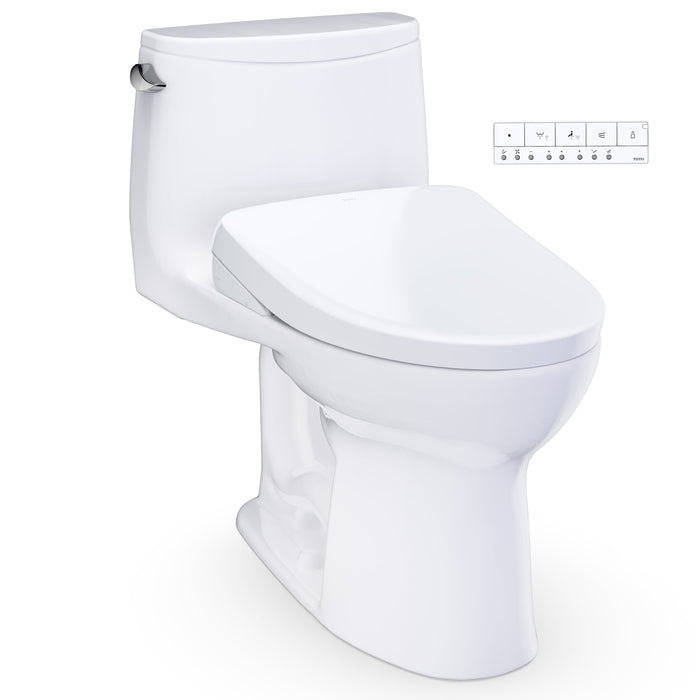 TOTO UltraMax WASHLET+ S7A One-Piece Elongated 1.28 GPF Universal Height Toilet with CEFIONTECT, Cotton White - MW6084736CEFG#01