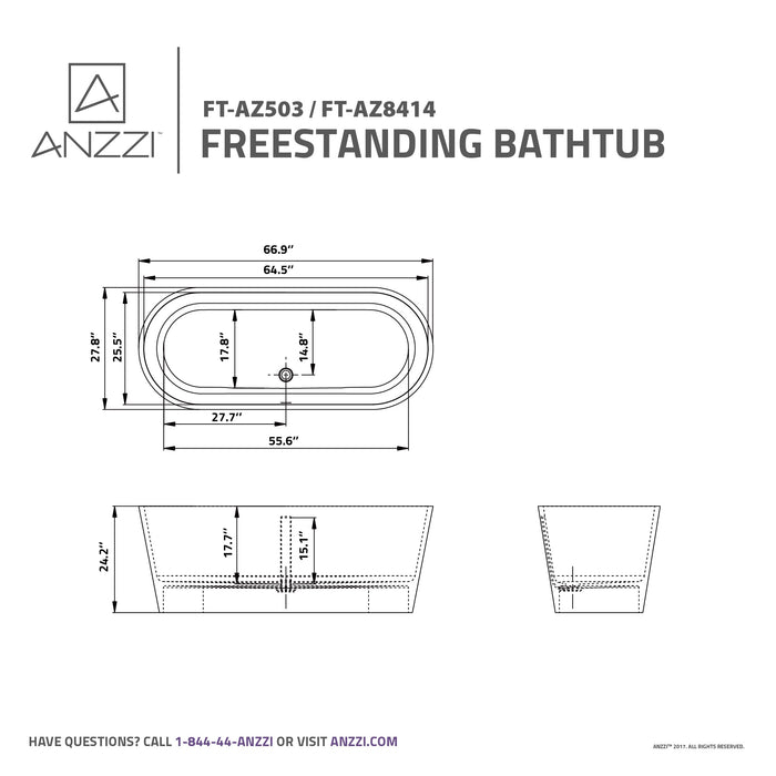 ANZZI FT-AZ8414 Kosima 5.6 ft. Solid Surface Center Drain Freestanding Bathtub in Matte White