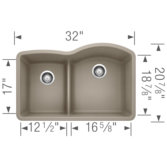 Blanco 441608 Diamond SILGRANIT 32" 40/60 Reverse Double Bowl Undermount Kitchen Sink in Truffle