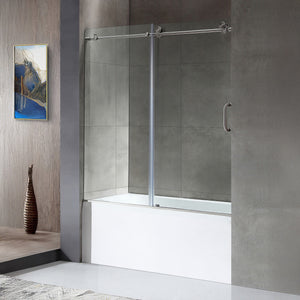 Anzzi 5 ft. Acrylic Left Drain Rectangle Tub in White With 60 in. x 62 in. Frameless Sliding Tub Door in Brushed Nickel