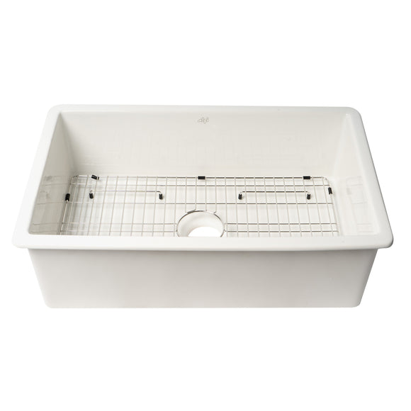 ALFI Brand ABF3219SUD-W Fireclay White 32" x 19" Single Bowl Kitchen Sink with Grid