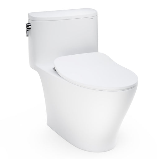 TOTO Nexus one-piece elongated 1.28 GPF universal height toilet with SS234 SoftClose seat in Matte White color with CEFIONTECT glaze.