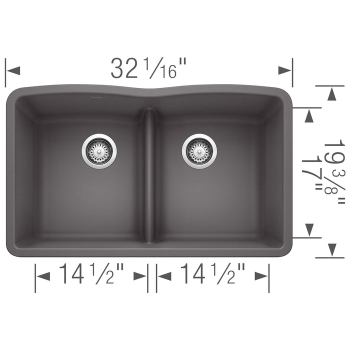 Blanco 442071 Diamond SILGRANIT 32" 50/50 Double Bowl Undermount Kitchen Sink in Cinder